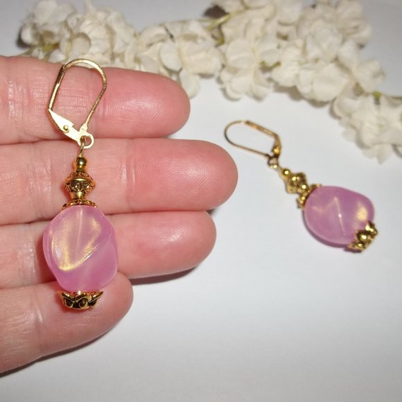 Pink & Gold Beaded Earrings Handmade NWT Set 5147 - Picture 6 of 8